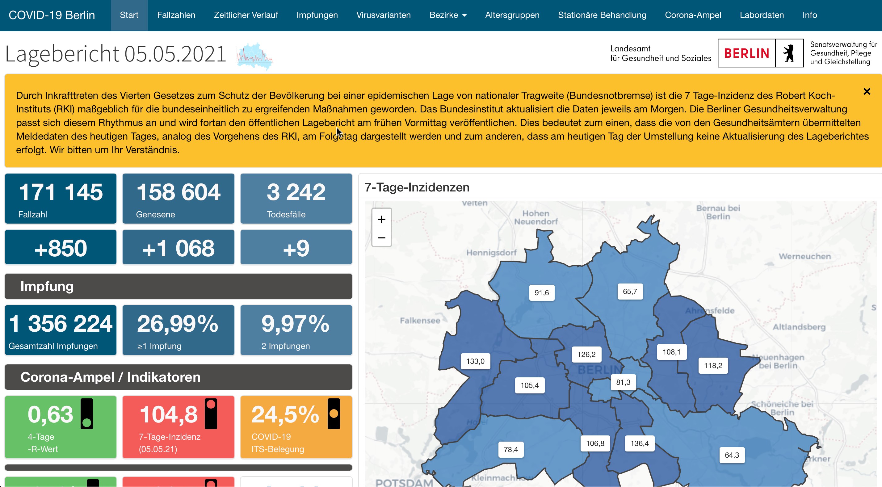 Screenshot of the Berlin's official Corona-dashboard from 2021-05-06, announcing the changed update times